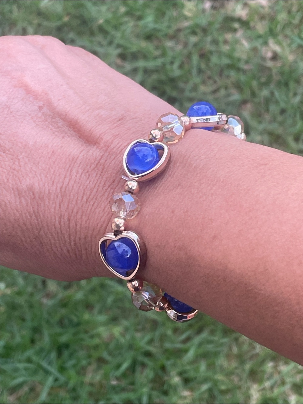 Royal Blue Heart and crystals Stretch Bracelet with Gold Accents